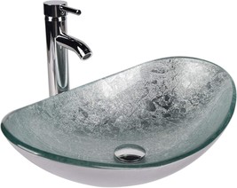 Bathroom Sink And Faucet Combo - Artistic Tempered Glass, Oval Silver Green - $124.99