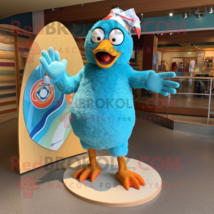 Turquoise Hens mascot costume character dressed with Board Shorts and Rings - £955.64 GBP