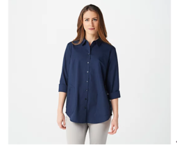 Joan Rivers Sequin Tuxedo Stripe Shirt w/ Back Button Detail Navy Small, A372225 - £12.84 GBP