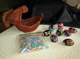 8 Hand Painted Wood UKRAINIAN RUSSIAN EASTER EGGS w/ Wicker Bunny Basket... - £59.35 GBP