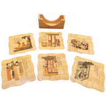 Chinese Barware 7pc Coasters Vintage Handcrafted Bamboo Wood Square Rack People - £14.50 GBP