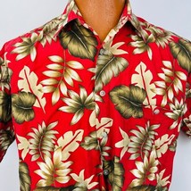Hawaiian Aloha Size Medium Shirt Red Beige Floral Leaves Tropical - £20.64 GBP