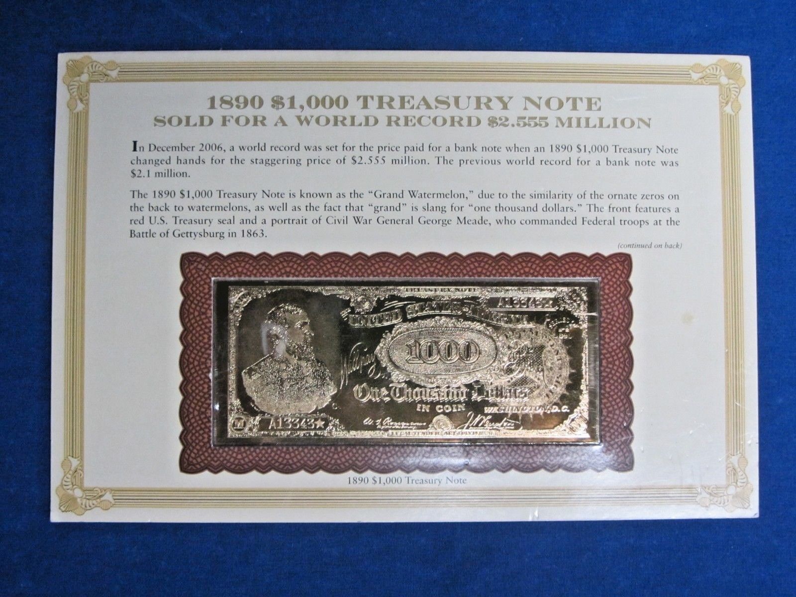 1890 $1,000 Treasury Note Gold-Colored from the Danbury Mint - £11.15 GBP