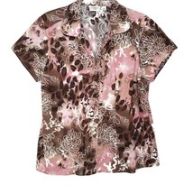 Cato Size 14/16 Womens Blouse Short Sleeve Button Front V-Neck Pink Brown - $12.97
