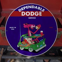 Vintage 1968 Dodge Dependable Service &#39;&#39;Pink Panther&#39;&#39; Porcelain Gas &amp; Oil Sign - £98.32 GBP