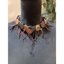 Women&#39;s Handmade Button Necklace With Fringe Threads And Vintage Charm - $34.65