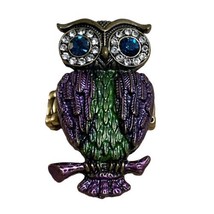 Vintage Rhinestone Purple Green Owl Bronze Adjustable Stretch Ring - £11.74 GBP