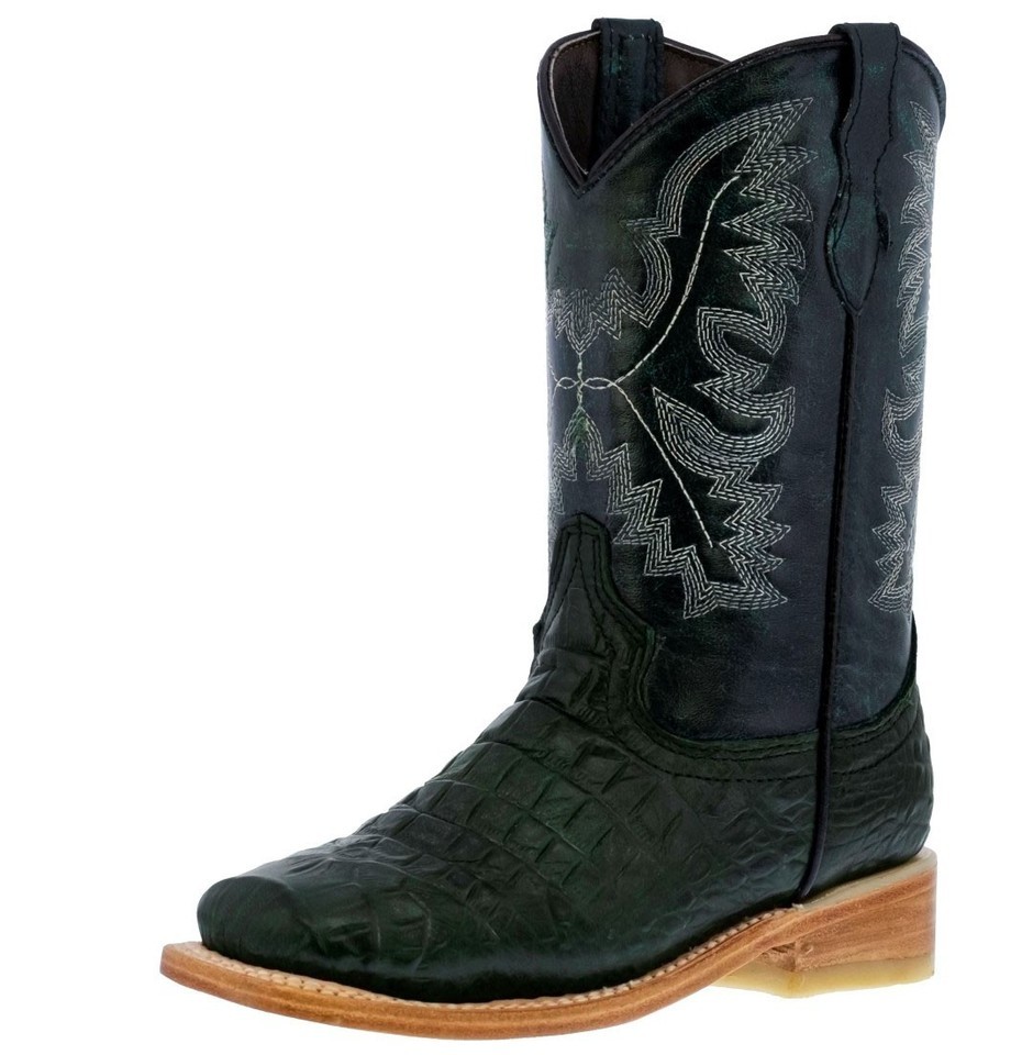 Kids Unisex Leather Cowboy Boots Alligator Print Green Square Toe Casual... - $54.44