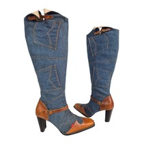 Noel I LOVE NY Denim Blue Jean Brown Leather Dress Boots Pockets Buckles... - $133.65
