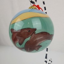Reverse Painted Glass Christmas Ornament Cute Dolphins Sailboats Marine With Box - £12.62 GBP