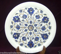 White Marble Round Serving Plate Lapis Lazuli Inlay Marquetry Floral Art... - £300.96 GBP