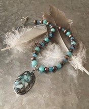 Copper Mohave Larimar Center Stone With Dyed Quartz/Blue Glass Accent Beads - £25.95 GBP
