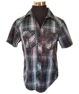 Chalc Western  Shirt Men&#39;s Size Medium Fitted Plaid Black Gray Teal Shor... - £11.30 GBP