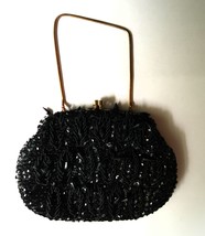 Vtg 60s Black HandBag Beaded Evening Purse Made Hong Kong Beaded Gold To... - $24.99