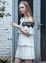 Women Pussy-bow Pleated Gazar &amp; Guipure Lace Mini Dress  in White 8 10 A... - $59.99