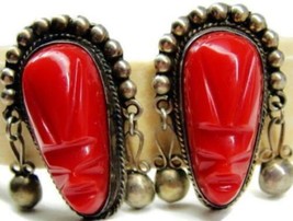 Red Carved Tribal Aztec Face Vintage Sterling Silver Screw Back Earrings... - $197.99