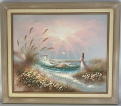 Oil Painting Impressionist Girl At Seashore Waves Oc EAN Framed Sgd. 29&quot; X 25&quot; - £53.30 GBP