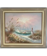 Oil Painting Impressionist GIRL at SEASHORE WAVES OCEAN Framed Sgd. 29&quot; ... - £53.55 GBP