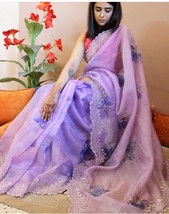 Lavender Organza Silk Saree | sequence Embroidered | solid color |Traditional, P - £78.02 GBP