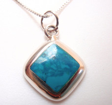 Blue Green Simulated Turquoise with Soft Corners 925 Sterling Silver Necklace - £14.41 GBP
