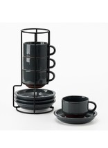 Jheme Home Porcelain Dark Gray Tea/Coffee Cup And Saucers With Holder Rack NEW!! - £15.57 GBP