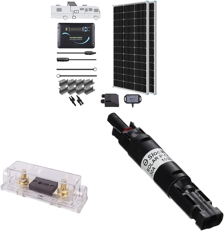 200 Watts  RV Solar Panel Kit & 30A Set W Holder ANL Fuse & 30A Male and Female