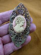 (cm5-29) Pink CAMEO LADY looking down flower hair Pin Pendant brooch - £26.00 GBP