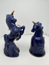 Rare Vintage LIPCO Blue Unicorns Figurine &amp; Bell Set Gold Horns - $44.40