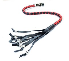 PU Leather Motorcycle Whip Get Back Whip Metal Skulls 36&quot; - RED/Black - £18.00 GBP