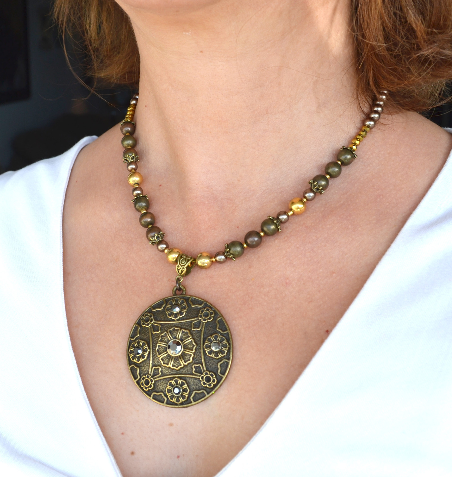 Bronze Tribal Necklace with a Bronze Pendant, Ethnic Bronze Necklace