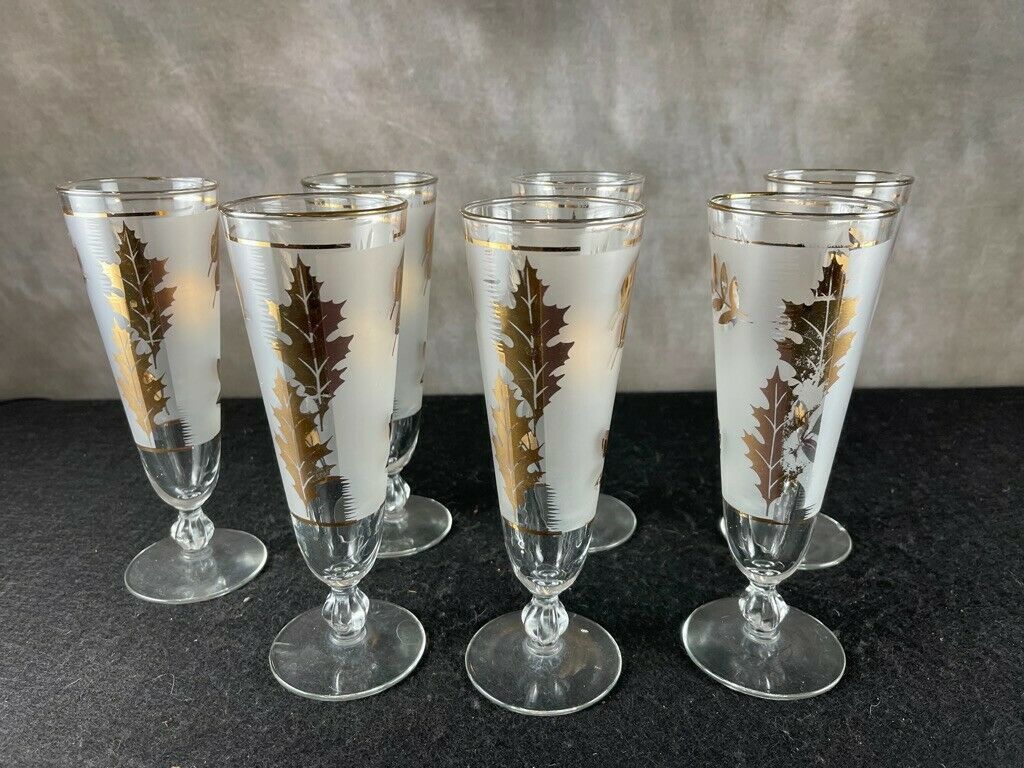 Vintage Gold Leaf Frosted Libbey Pilsner or Champagne Glasses - Set of 7 -  - $74.25