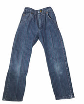 Vintage OshKosh Girls Stretch Waist Jeans Size 5 Slim Blue Red Green Lines - $20.01