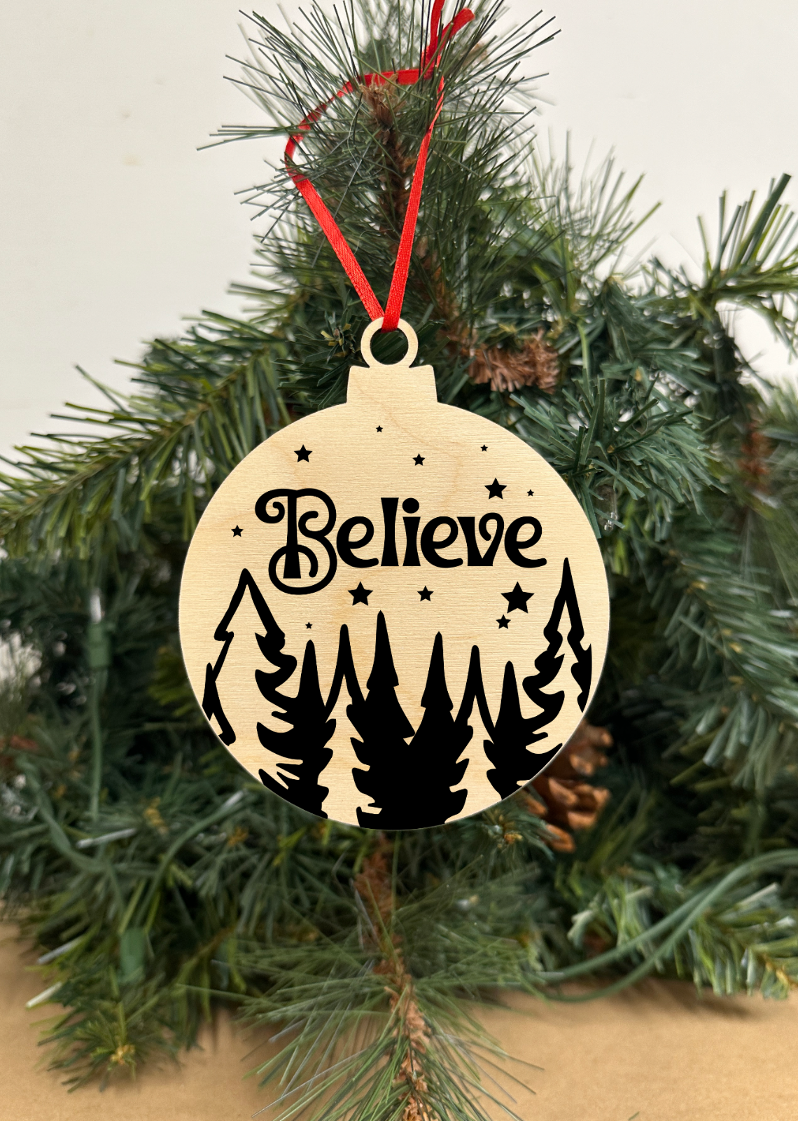 Believe Engraved Wooden Christmas ornament, Snowball Holiday gift - $9.49