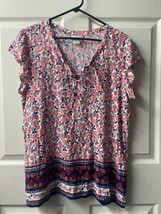 Liz Claiborne Short Sleeved Tie Front Top  Women Size XL Boho Bordered Blouse - £9.06 GBP