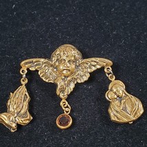 Vintage Cherub Praying Hands Madonna Child Brooch Angel Religious Goldtone - $4.94