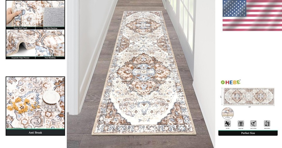 Boho Vintage 2'x6' Washable Runner Rug - Non-Slip, Comfort & Style Combined Item image 2