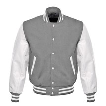 Gray Varsity Baseball Letterman College Bomber Jacket With White Leather Sleeves - £86.90 GBP
