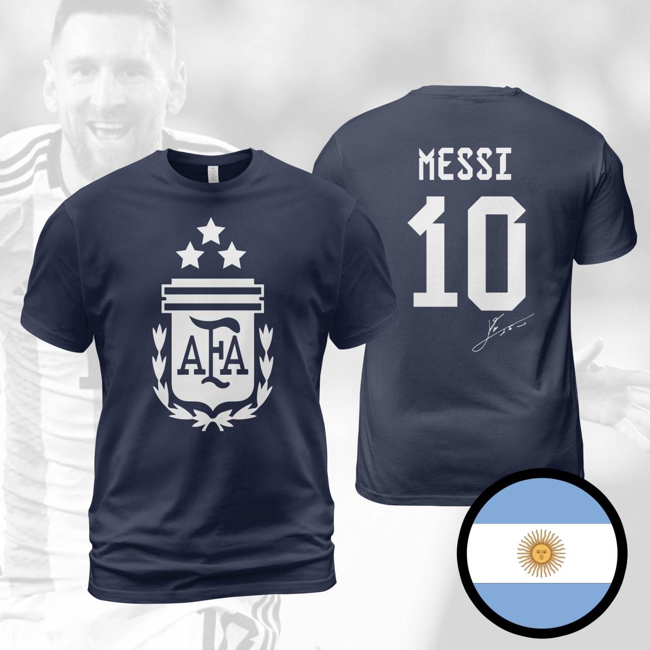 Argentina Messi Signature Champions 3 Stars FIFA World Cup 2022 Navy T-Shirt  - $29.99 - $35.99