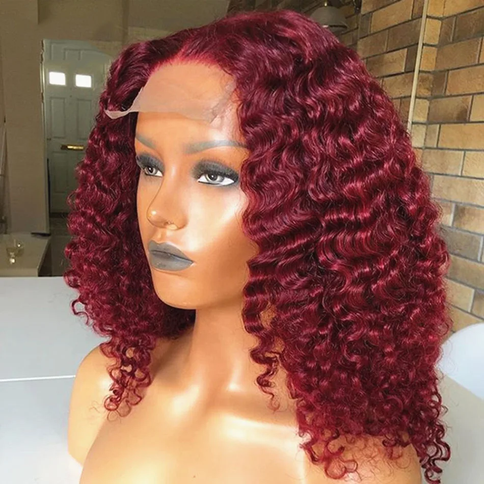 99J Burgundy Short Curly Bob Wig 13x4 Lace Frontal Wigs For Women Human Hair - £51.36 GBP+