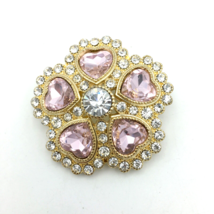 MONET blingy gold-tone flower brooch - pink heart-shape rhinestones 1.75... - £14.23 GBP