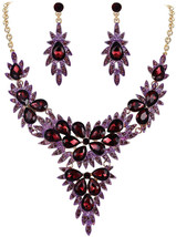 Womens Purple Crystal Cluster Leaf Teardrop Y Necklace Earrings Set Gold-Tone - £41.53 GBP