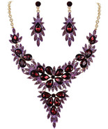 Womens Purple Crystal Cluster Leaf Teardrop Y Necklace Earrings Set Gold... - £40.86 GBP