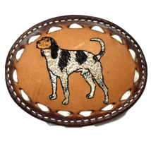 Vintage White Brown Dog Embroidered Brown Leather Belt Buckle Laced Whip... - £28.40 GBP