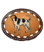 Vintage White Brown Dog Embroidered Brown Leather Belt Buckle Laced Whip... - £28.36 GBP