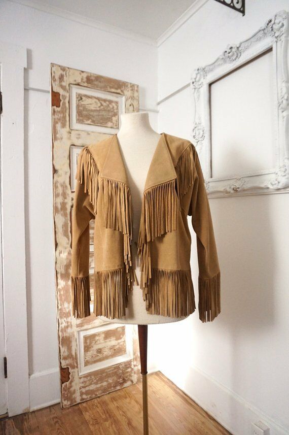 Women's Tan Color Western Fringed Style Genuine Suede Leather Handmade Jacket