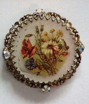 Vtg. Large Floral Brooch Pin Decal on MOP 2 1/4&quot; - £27.37 GBP