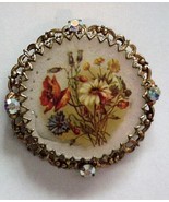 Vtg. Large Floral Brooch Pin Decal on MOP 2 1/4&quot; - £27.77 GBP