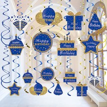Blue Gold Birthday Hanging Swirls Decorations For Men Women, Happy Birthday Foil - £22.37 GBP