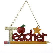Kurt Adler Resin &quot;Teacher&quot; Wording Christmas Ornament Pencil,Ruler, Apple &amp; Star - £7.09 GBP