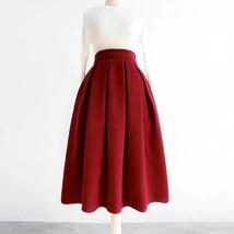 Winter Wine Red Pleated Skirt Women Plus Size Woolen Midi Party Skirt